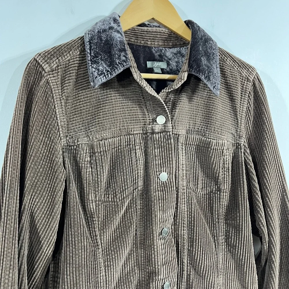 J. Jill Brown Corduroy Chore Trucker Jacket Velvet Collar Womens Medium 90s Farm